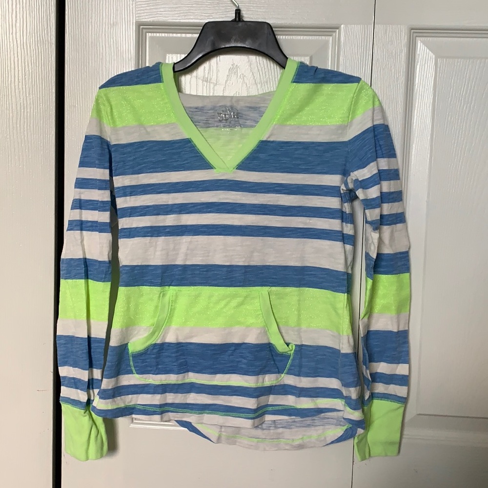 green, blue, and white striped shirt with a hood
